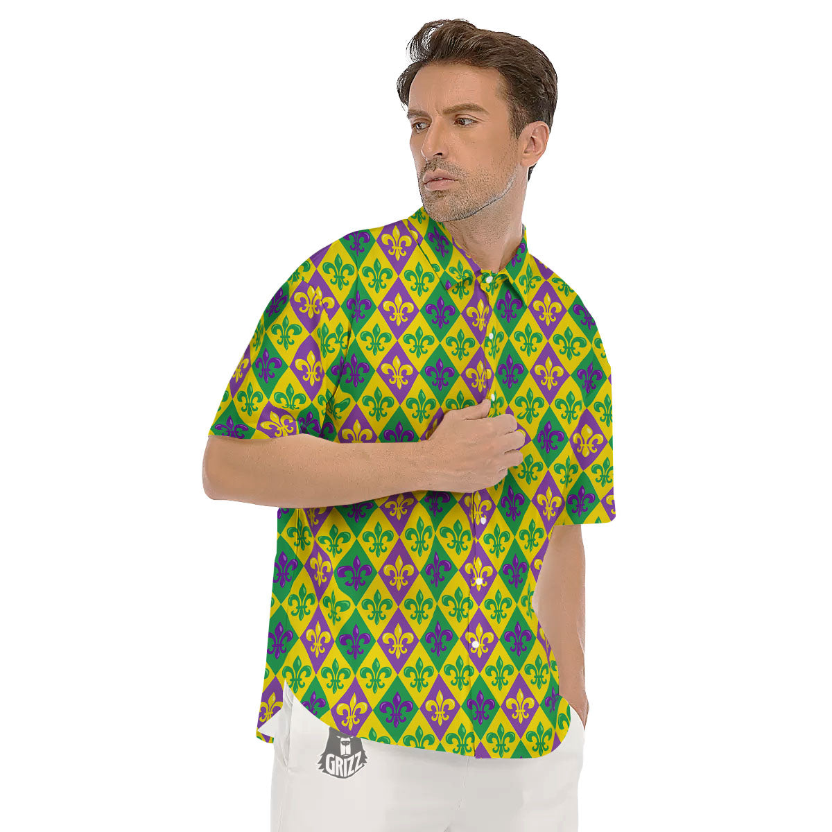 De Lis Mardi Gras Print Pattern Men's Short Sleeve Shirts-grizzshop