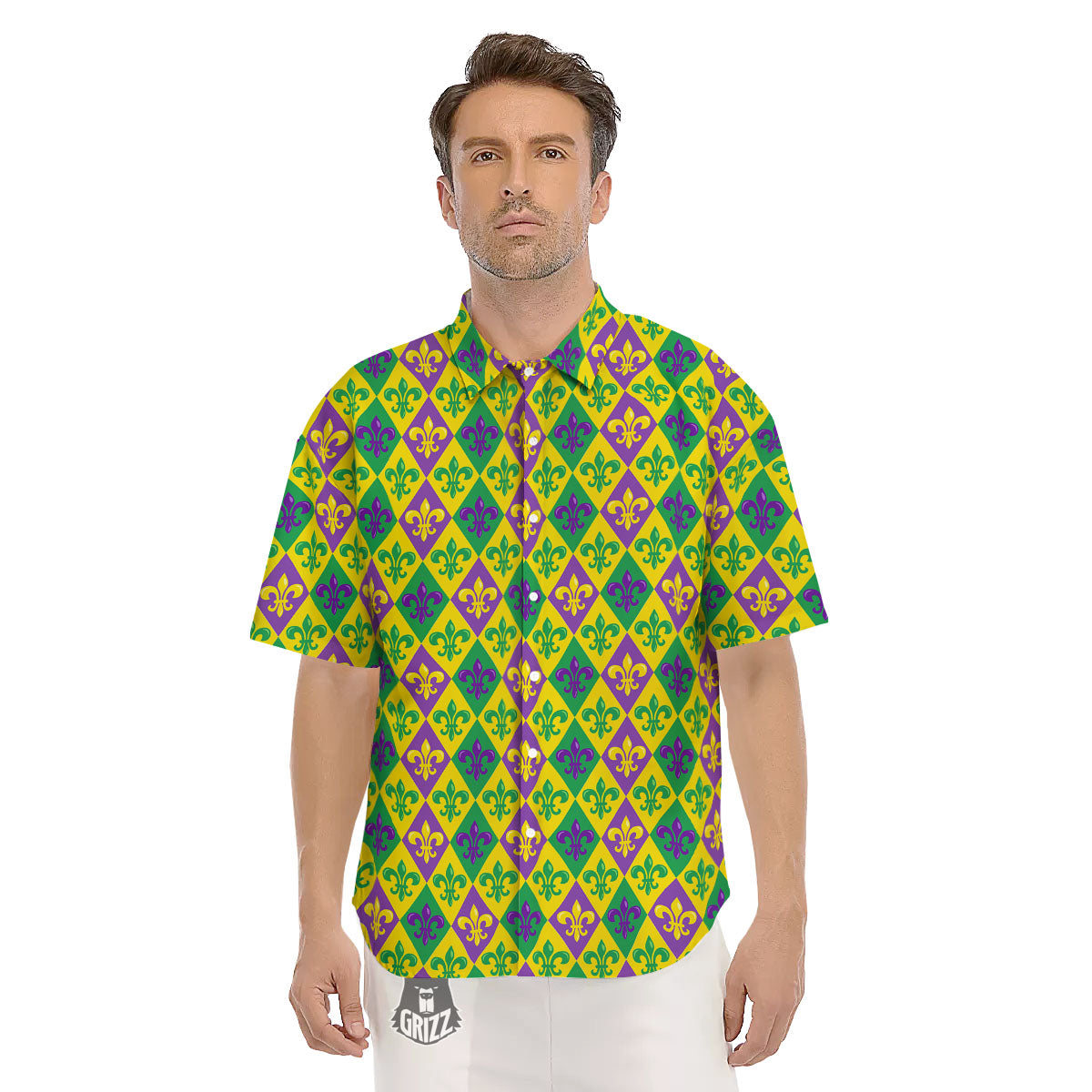 De Lis Mardi Gras Print Pattern Men's Short Sleeve Shirts-grizzshop