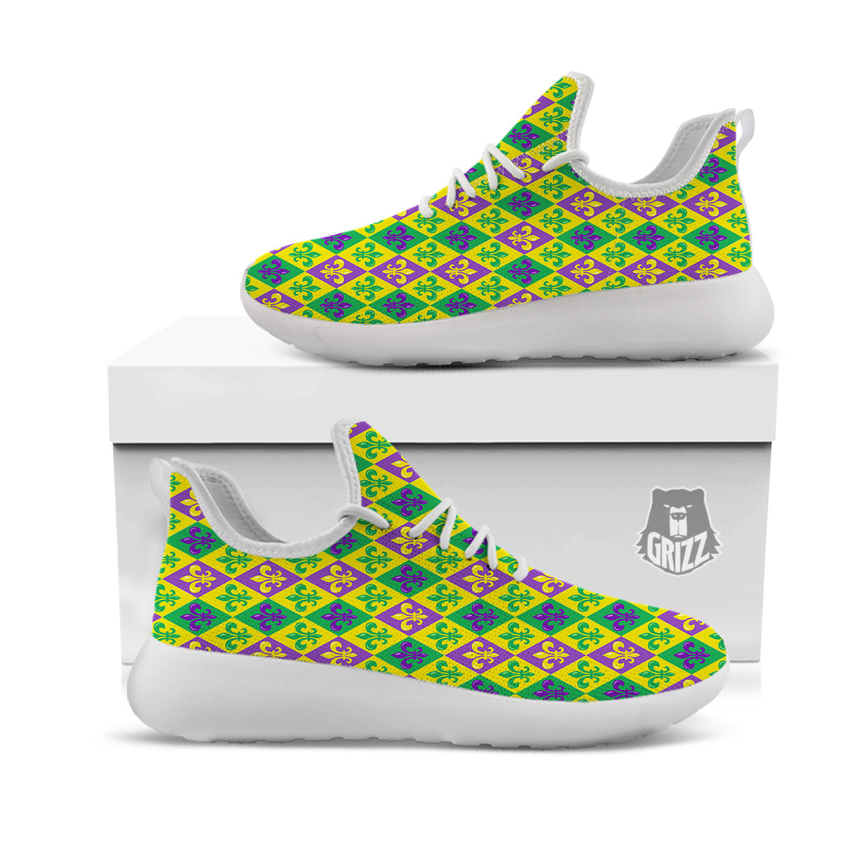 De Lis Mardi Gras Print Pattern White Athletic Shoes-grizzshop