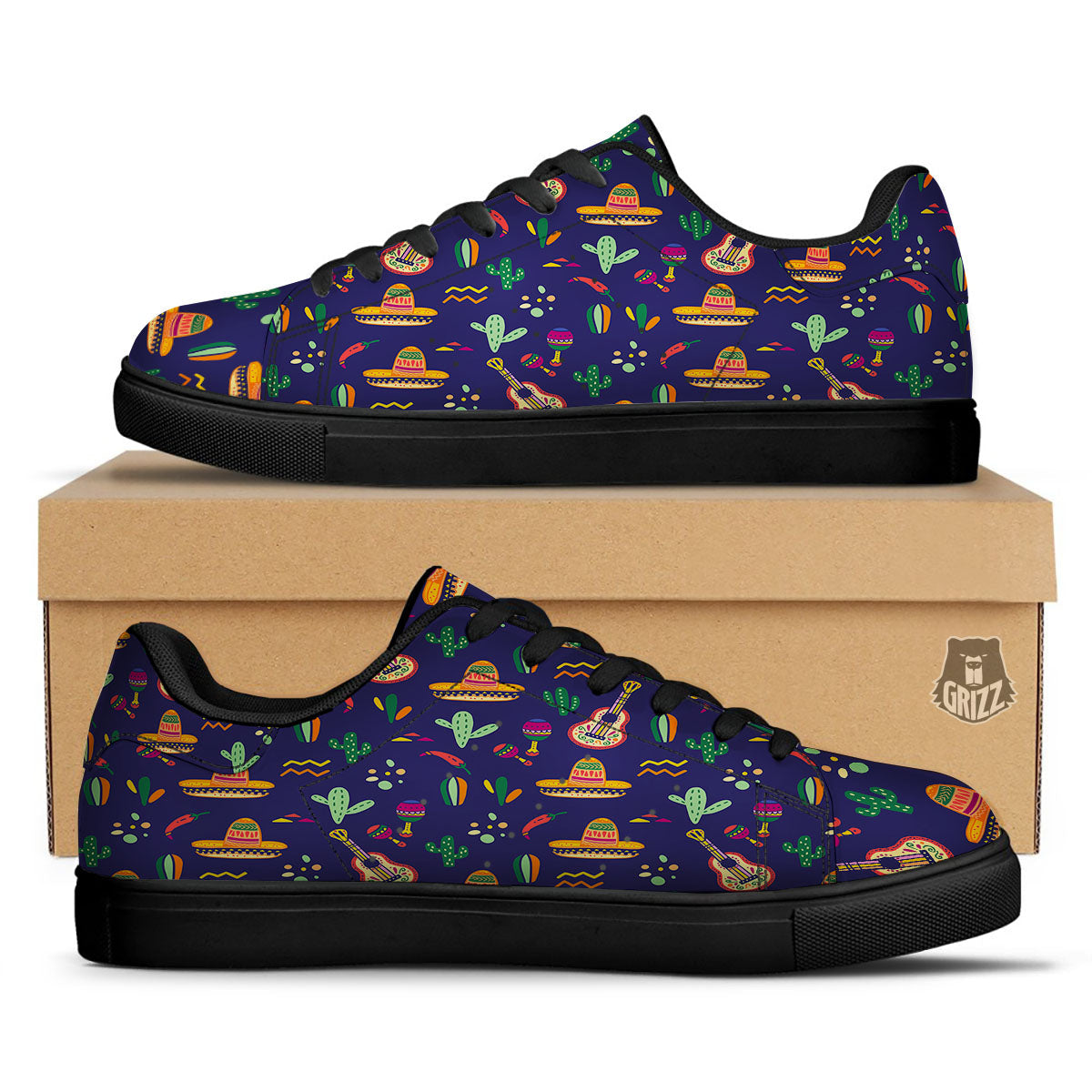 De Mayo Mexico Cinco Print Pattern Black Low Top Sneakers-grizzshop