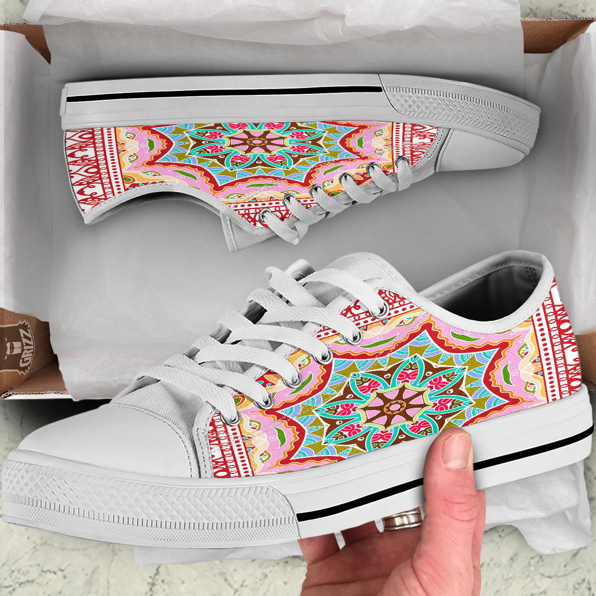 Decorative Colorful Ornament Tribal Ethnic Print White Low Top Shoes-grizzshop