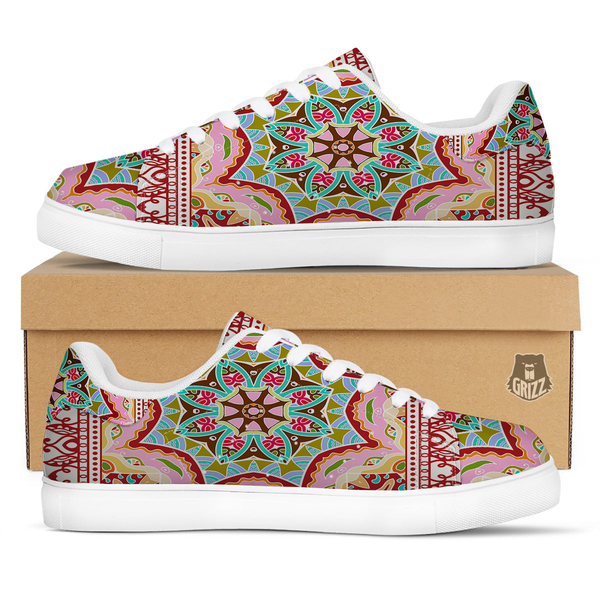 Decorative Colorful Ornament Tribal Ethnic Print White Low Top Sneakers-grizzshop