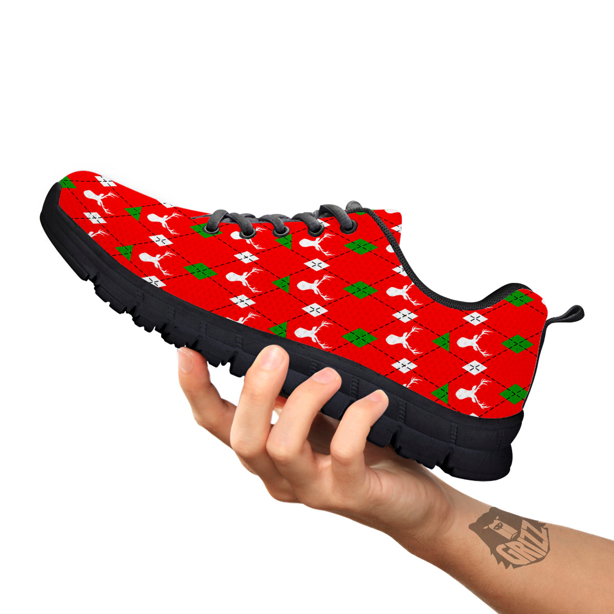 Deer Argyle Christmas Print Pattern Black Sneaker-grizzshop