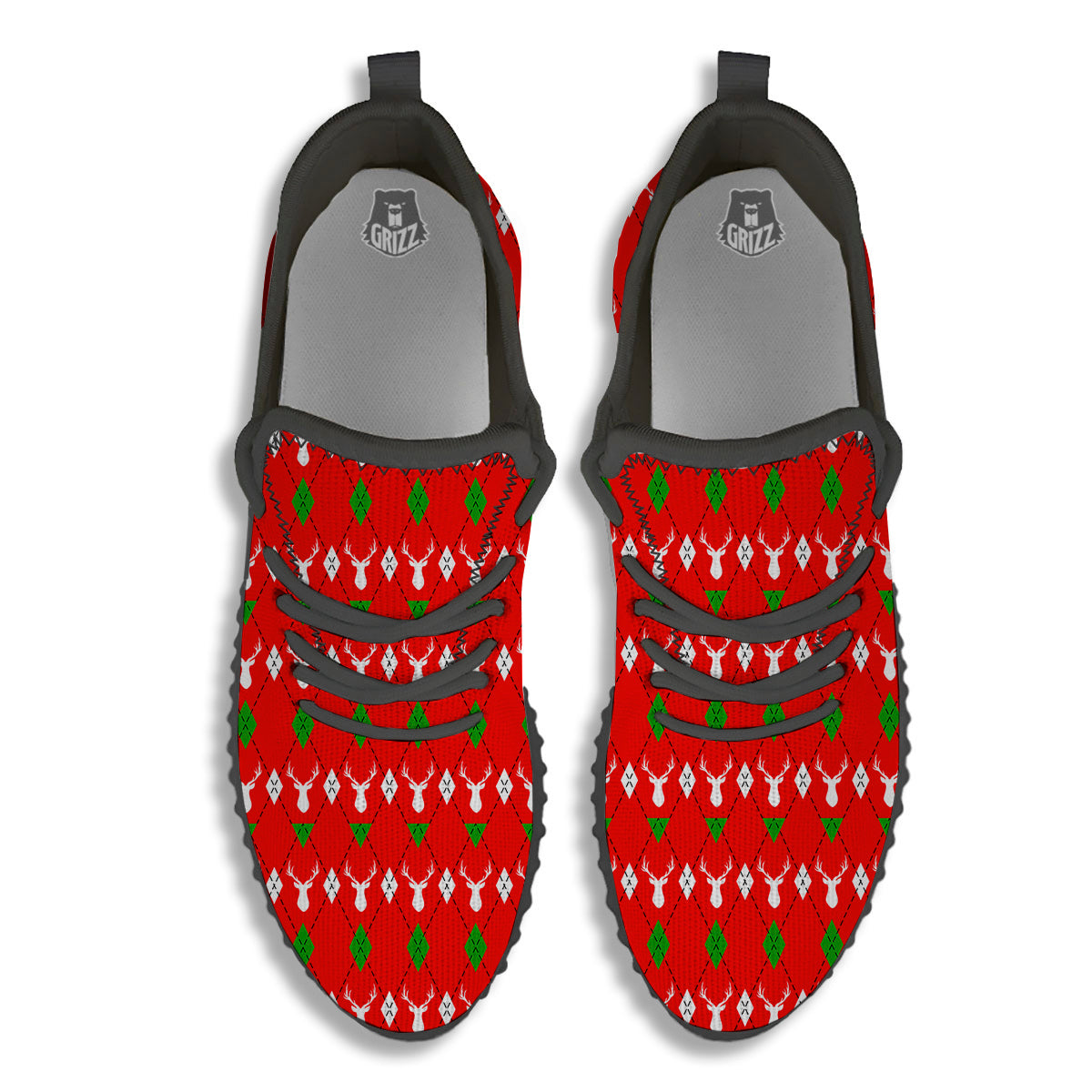 Deer Argyle Christmas Print Pattern Black Walking Shoes-grizzshop