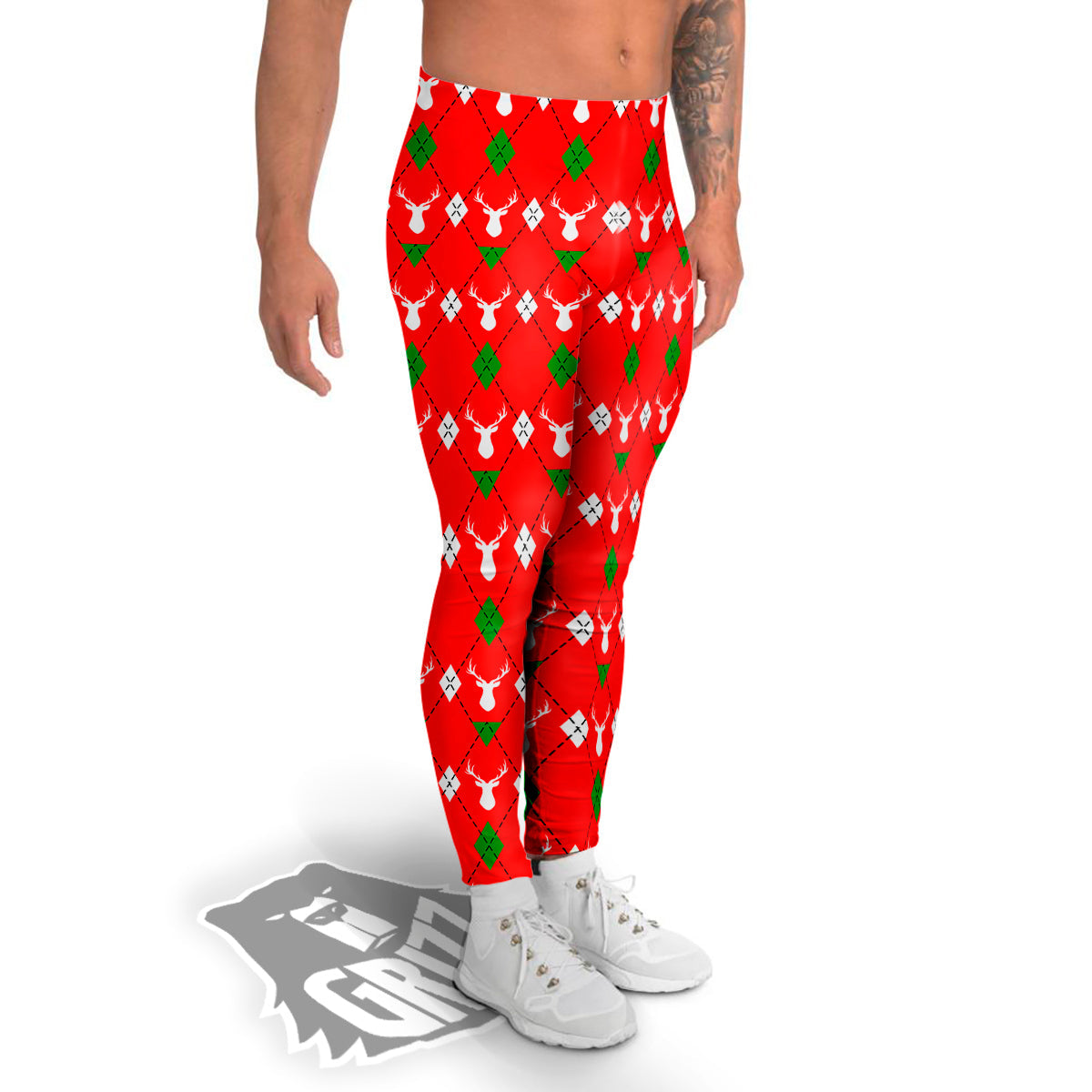 Deer Argyle Christmas Print Pattern Men's Leggings-grizzshop