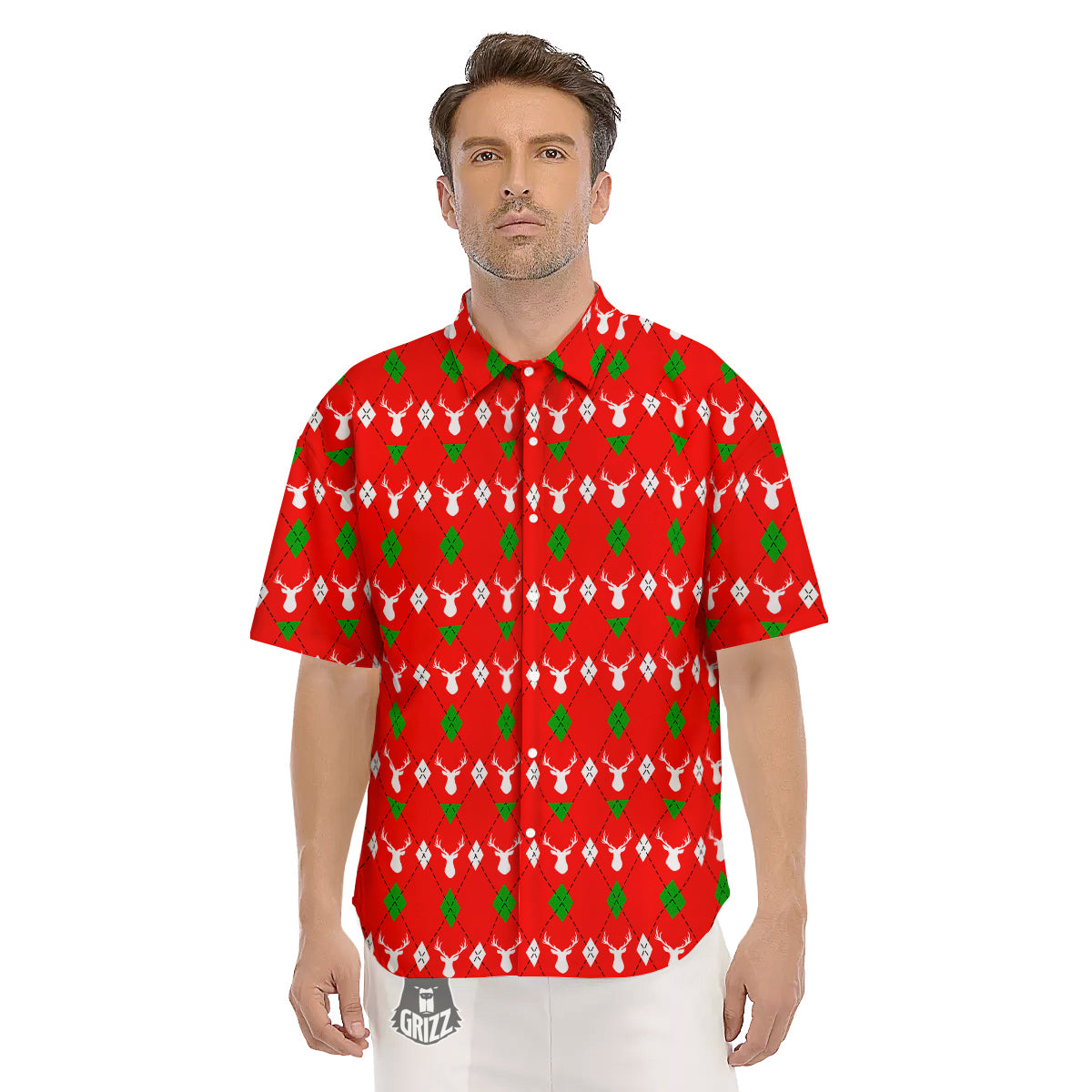 Deer Argyle Christmas Print Pattern Men's Short Sleeve Shirts-grizzshop