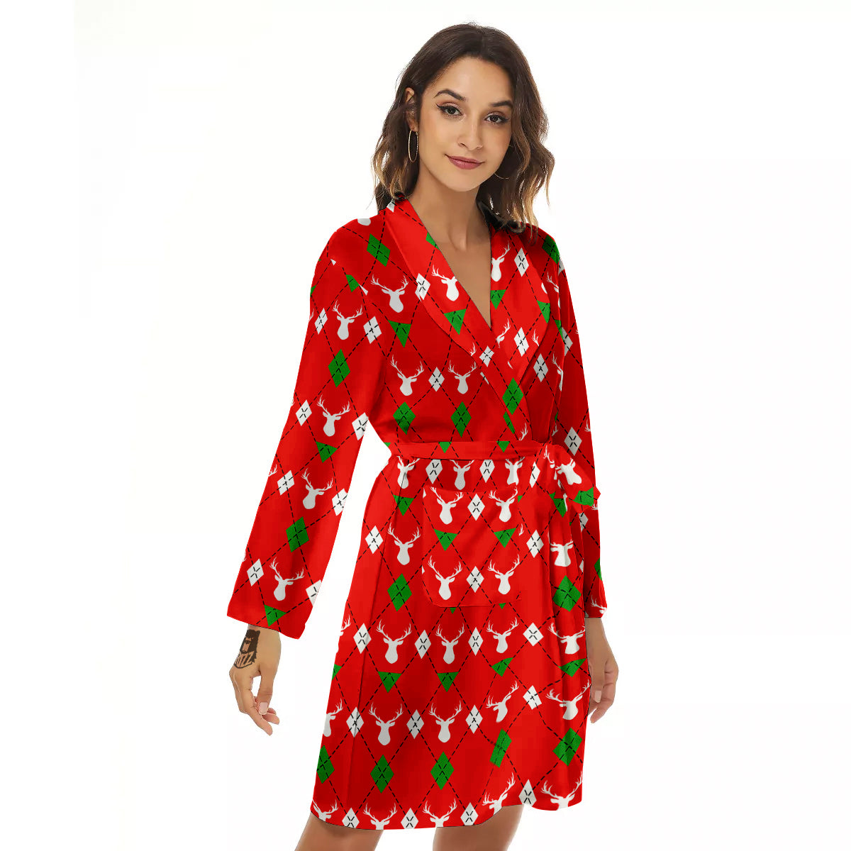 Deer Argyle Christmas Print Pattern Women's Robe-grizzshop