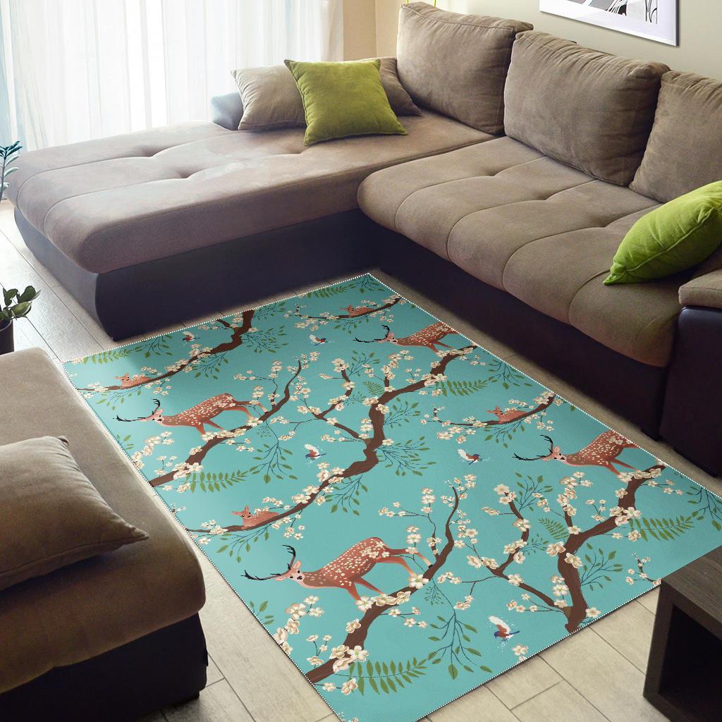 Deer Blossom Tree Pattern Print Floor Mat-grizzshop