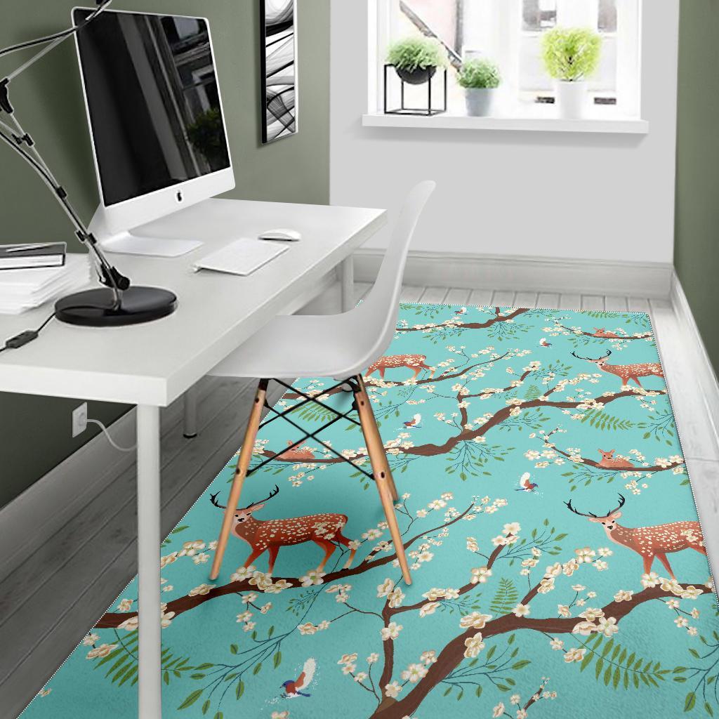 Deer Blossom Tree Pattern Print Floor Mat-grizzshop