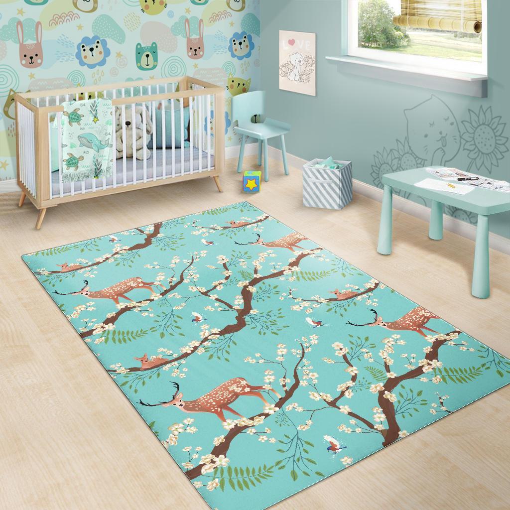 Deer Blossom Tree Pattern Print Floor Mat-grizzshop