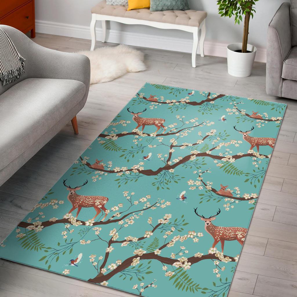 Deer Blossom Tree Pattern Print Floor Mat-grizzshop