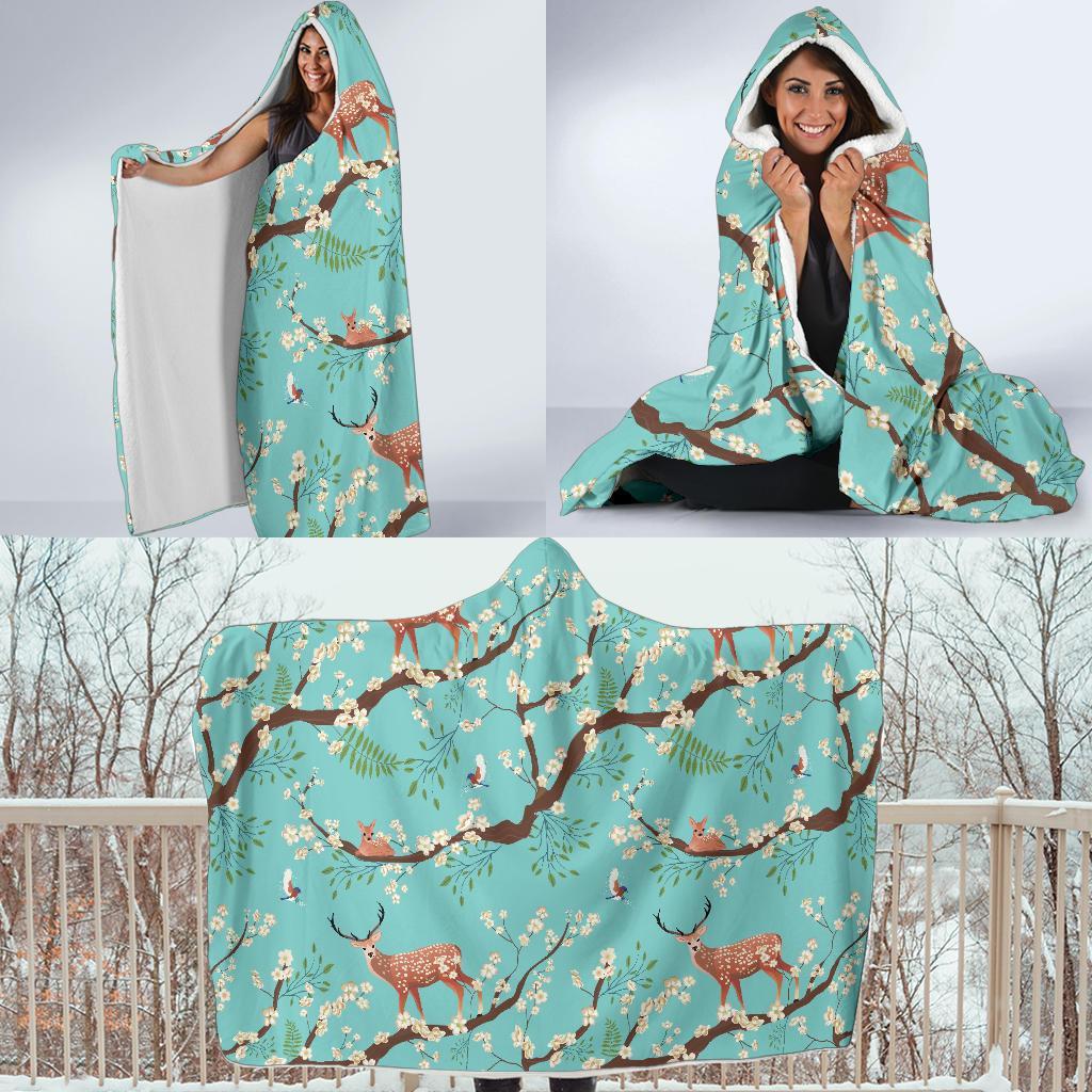 Deer Blossom Tree Pattern Print Hooded Blanket-grizzshop