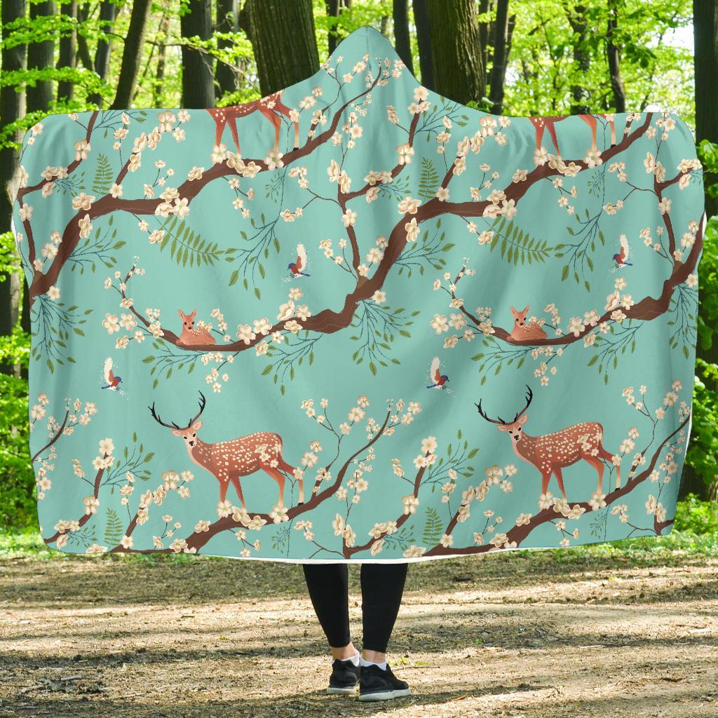 Deer Blossom Tree Pattern Print Hooded Blanket-grizzshop