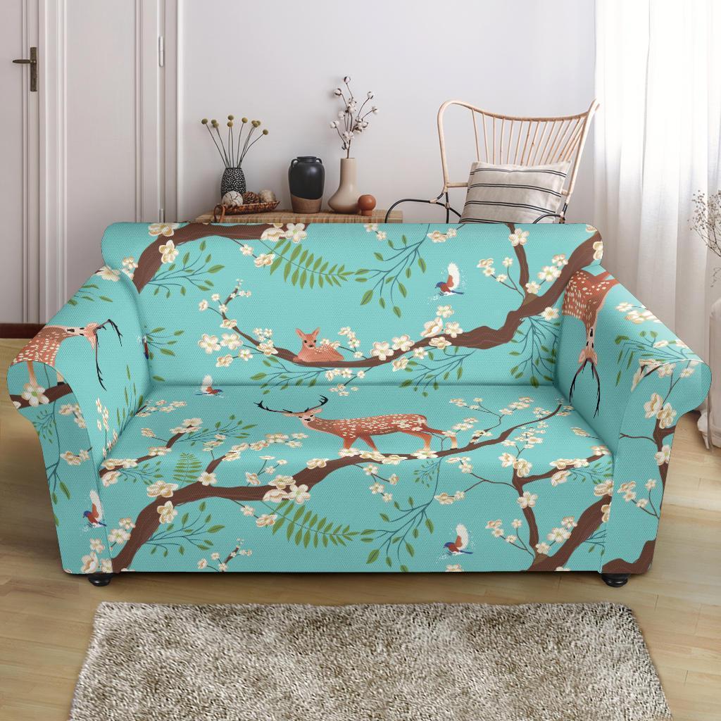 Deer Blossom Tree Pattern Print Loveseat Cover-grizzshop