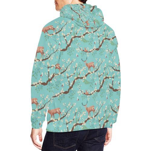 Deer Blossom Tree Pattern Print Men Pullover Hoodie-grizzshop