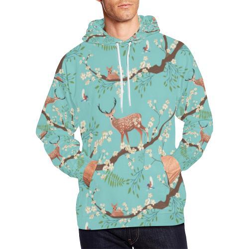 Deer Blossom Tree Pattern Print Men Pullover Hoodie-grizzshop