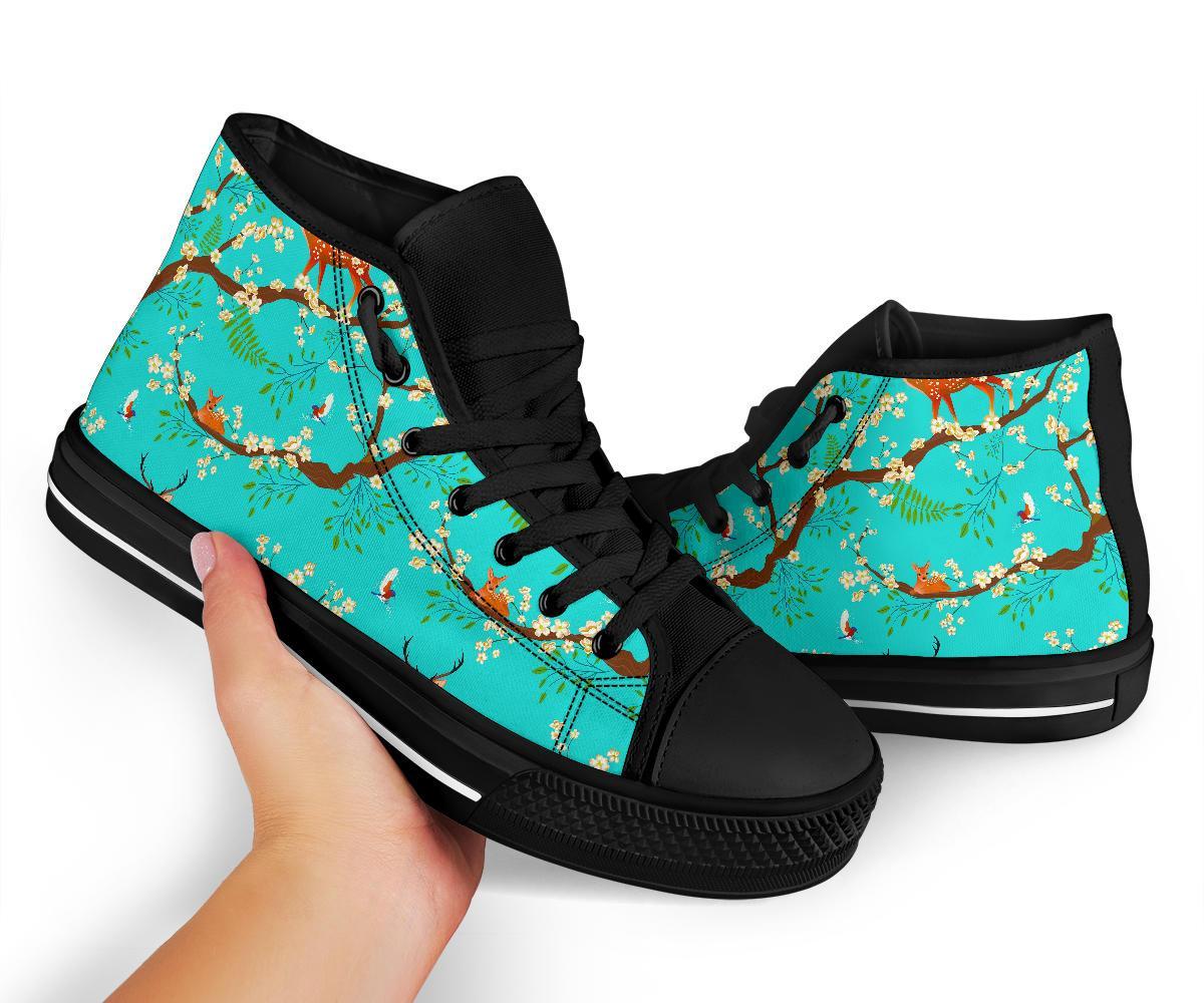 Deer Blossom Tree Pattern Print Men Women's High Top Shoes-grizzshop