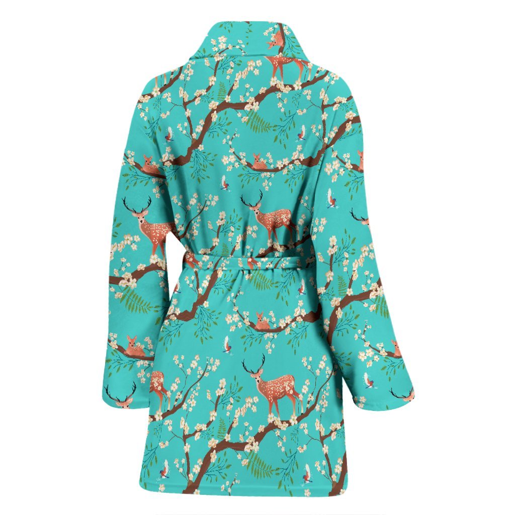 Deer Blossom Tree Pattern Print Women Long Robe-grizzshop