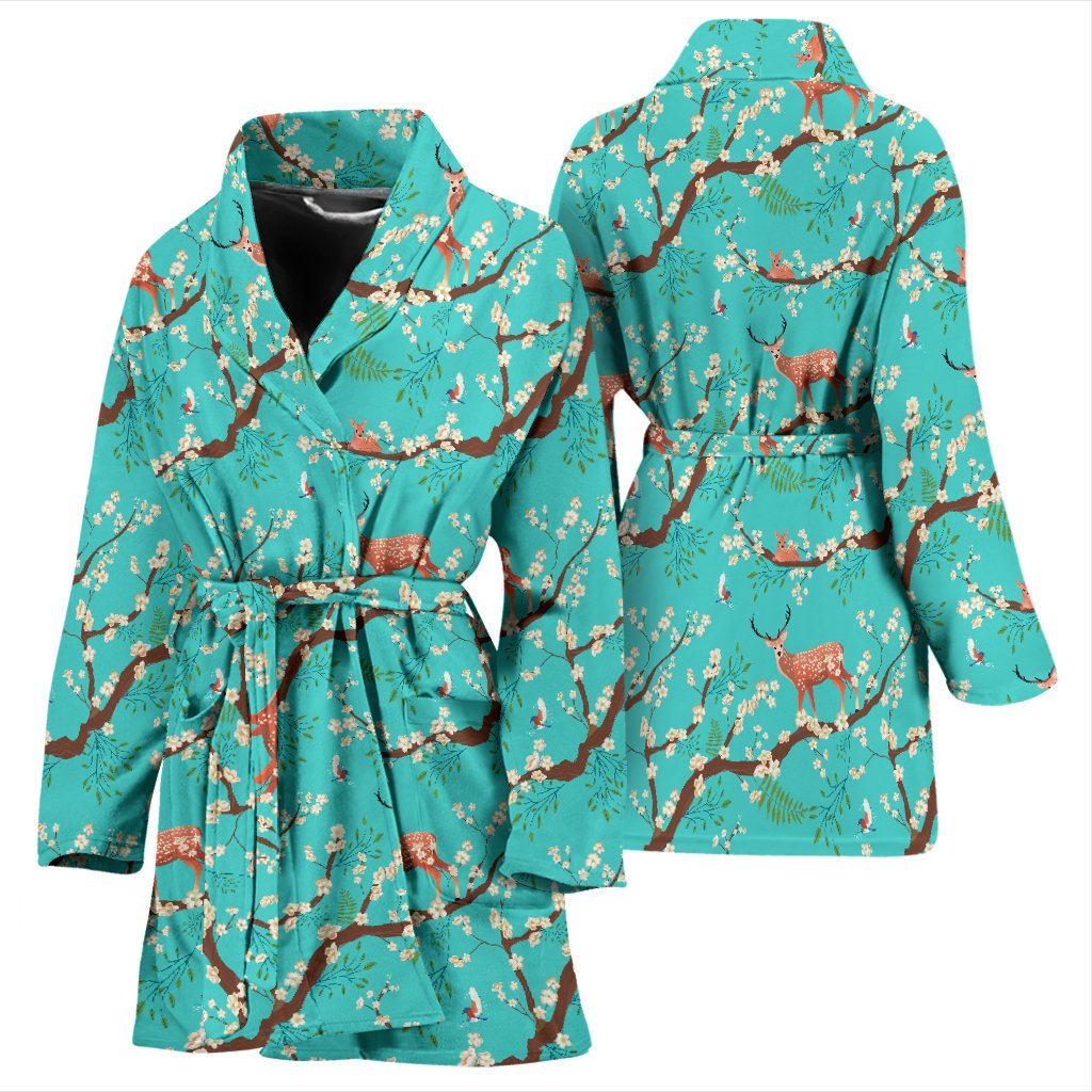 Deer Blossom Tree Pattern Print Women Long Robe-grizzshop