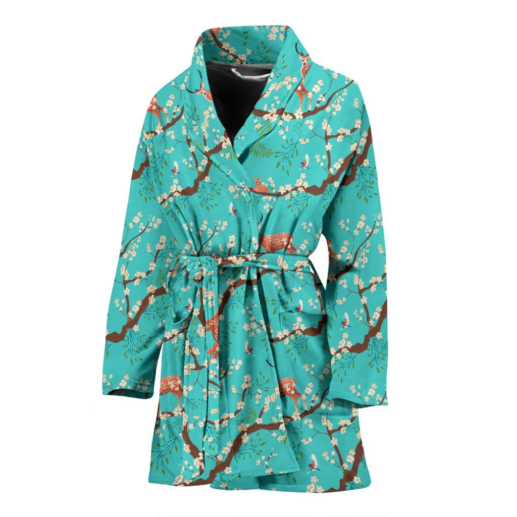 Deer Blossom Tree Pattern Print Women Long Robe-grizzshop