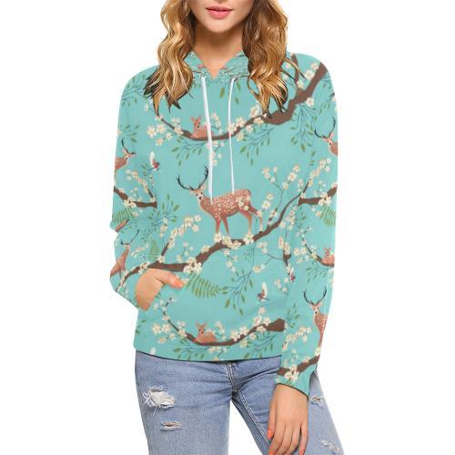 Deer Blossom Tree Pattern Print Women Pullover Hoodie-grizzshop