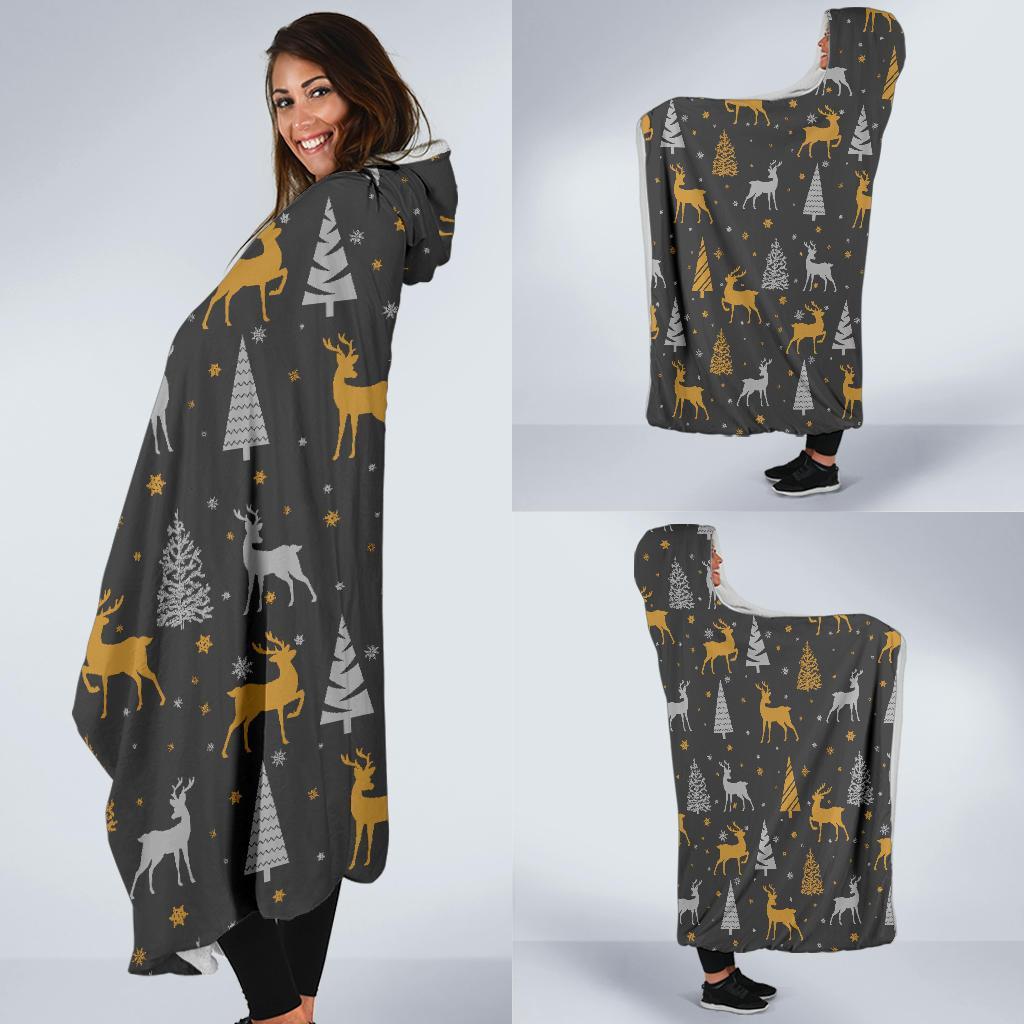 Deer Christmas Tree Pattern Print Hooded Blanket-grizzshop