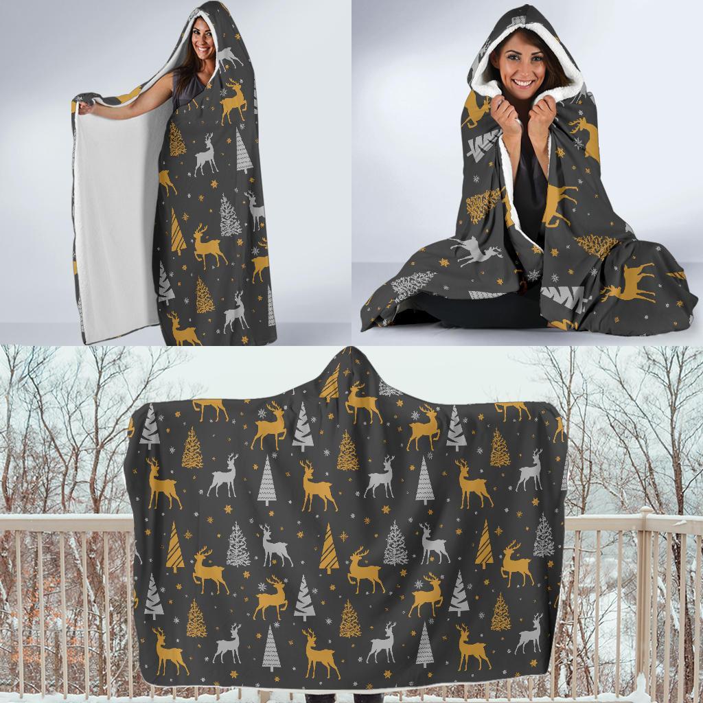 Deer Christmas Tree Pattern Print Hooded Blanket-grizzshop