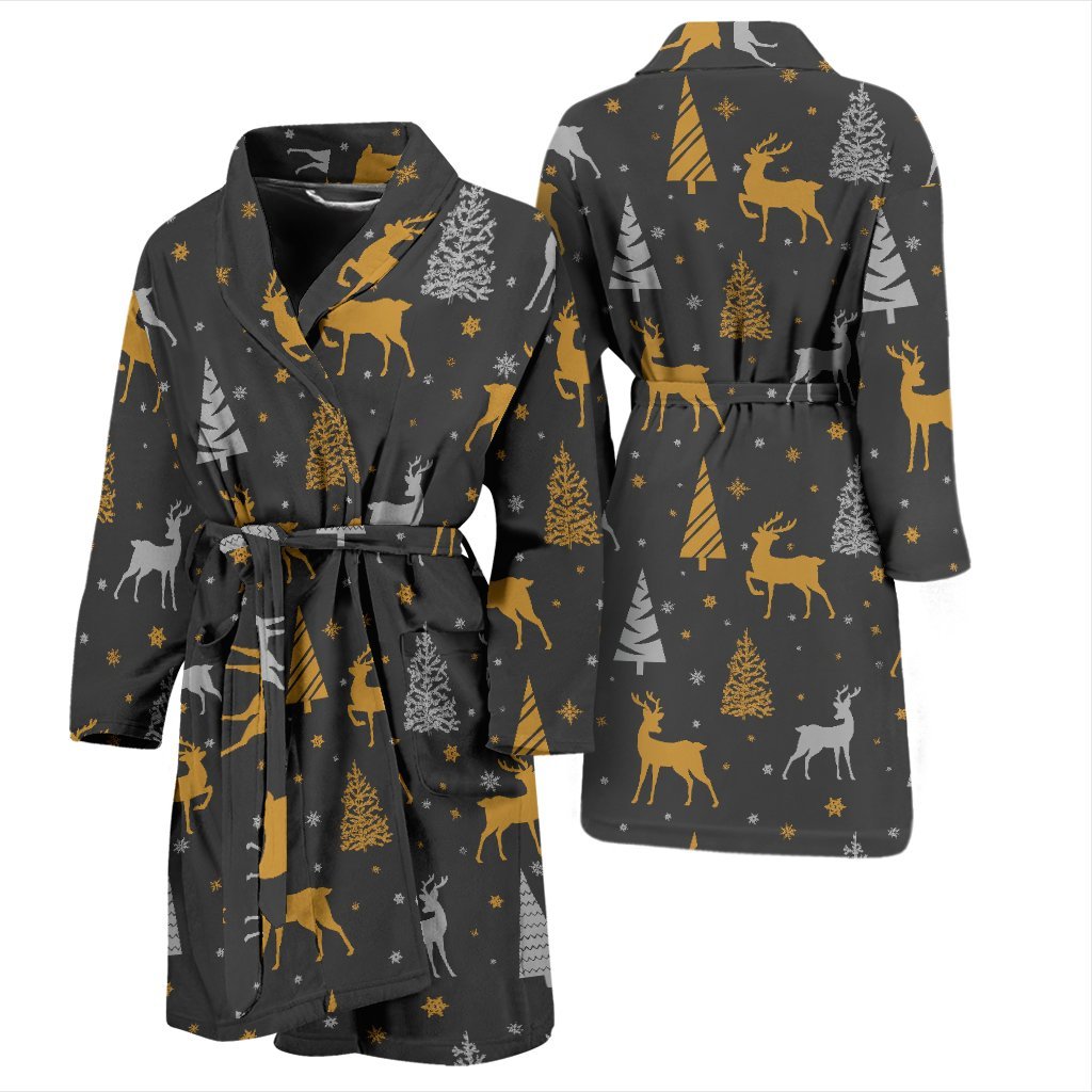 Deer Christmas Tree Pattern Print Men Long Robe-grizzshop