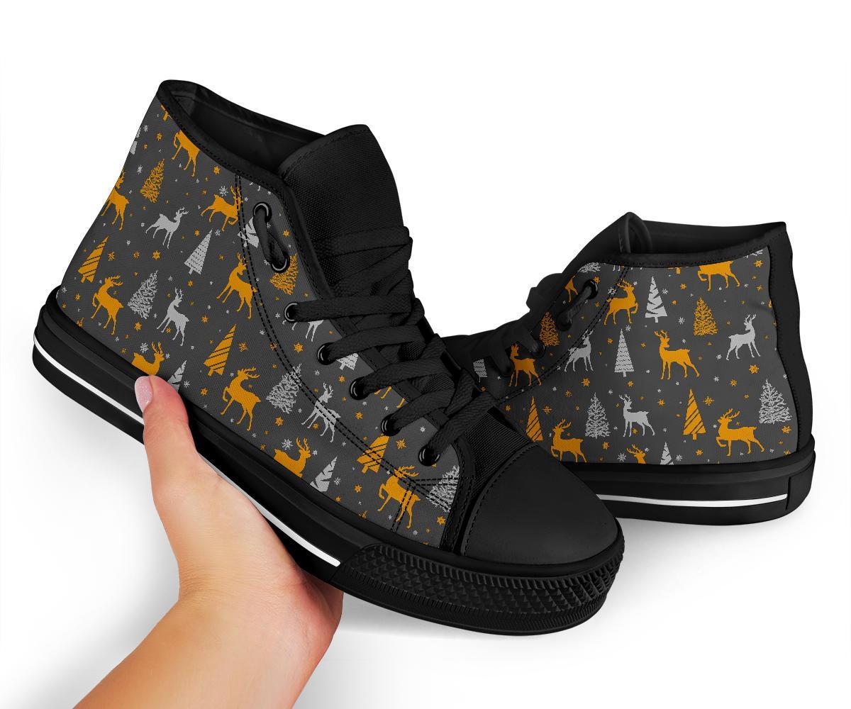 Deer Christmas Tree Pattern Print Men Women's High Top Shoes-grizzshop