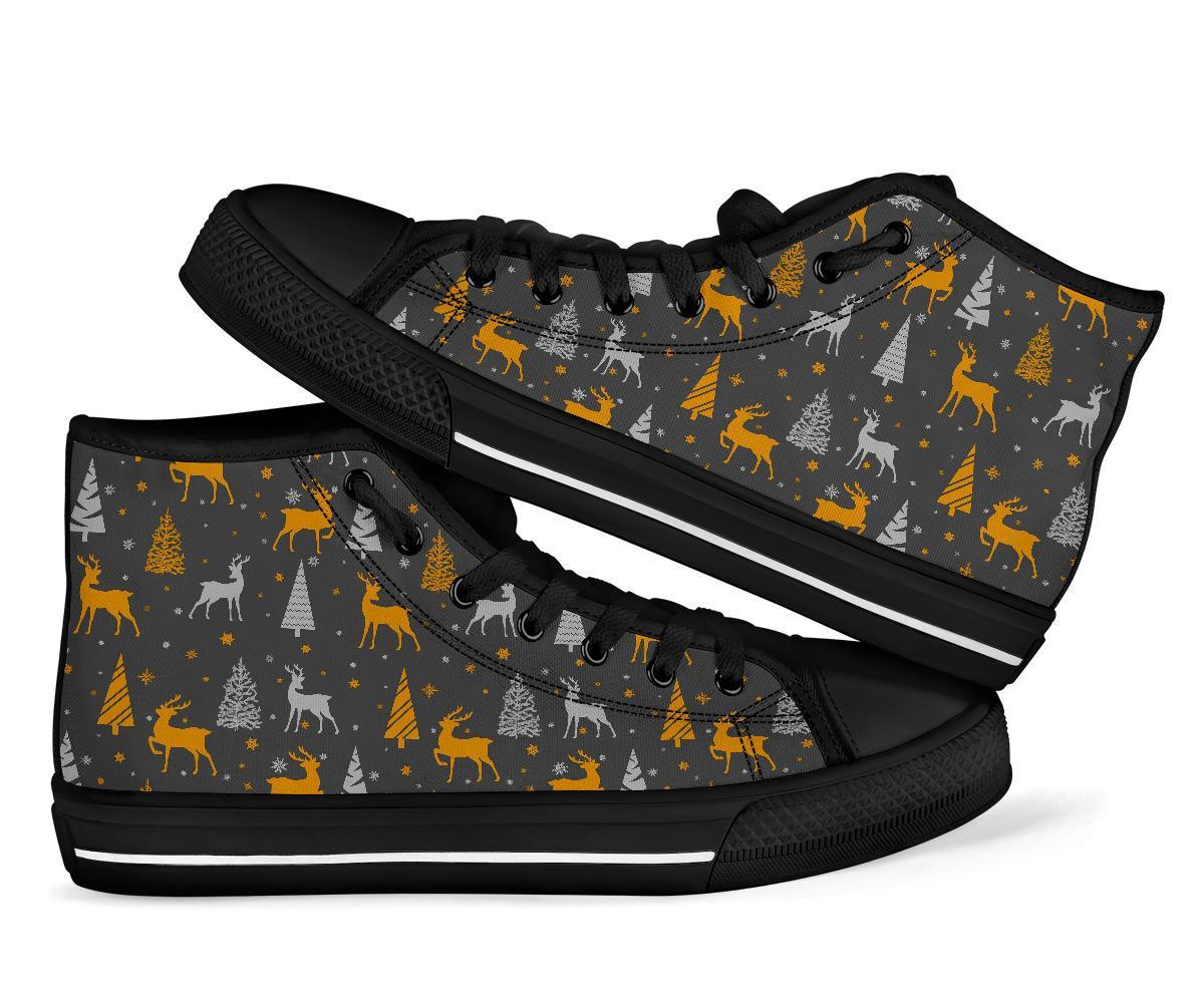 Deer Christmas Tree Pattern Print Men Women's High Top Shoes-grizzshop