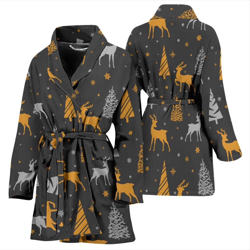 Deer Christmas Tree Pattern Print Women Long Robe-grizzshop