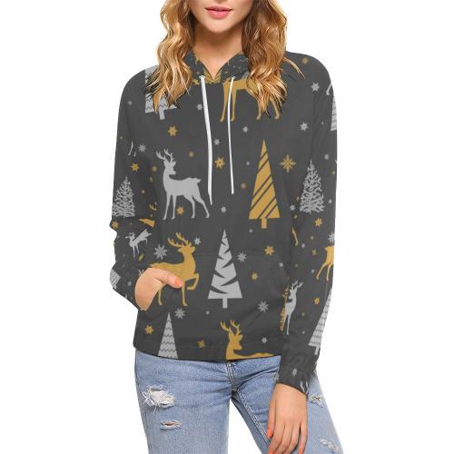 Deer Christmas Tree Pattern Print Women Pullover Hoodie-grizzshop