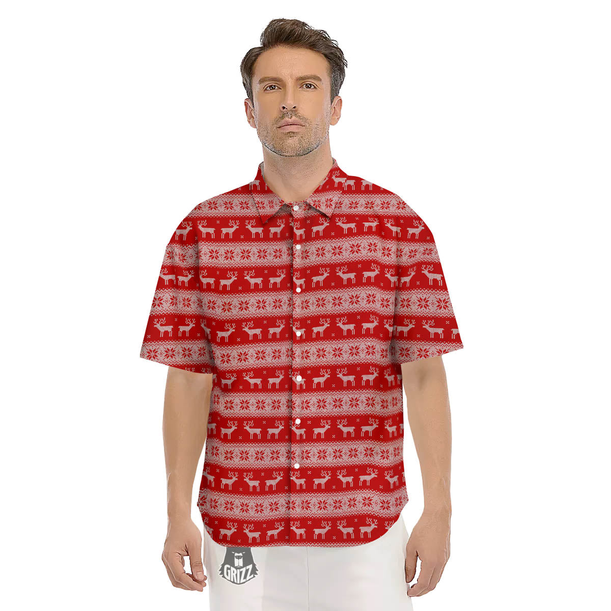 Deer Knitted Christmas Print Pattern Men's Short Sleeve Shirts-grizzshop