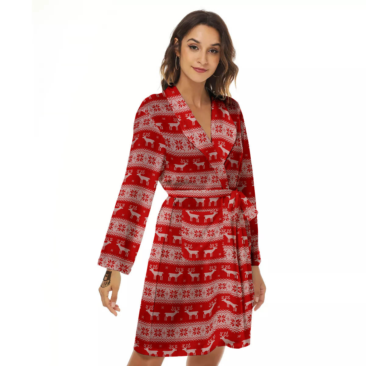 Deer Knitted Christmas Print Pattern Women's Robe-grizzshop