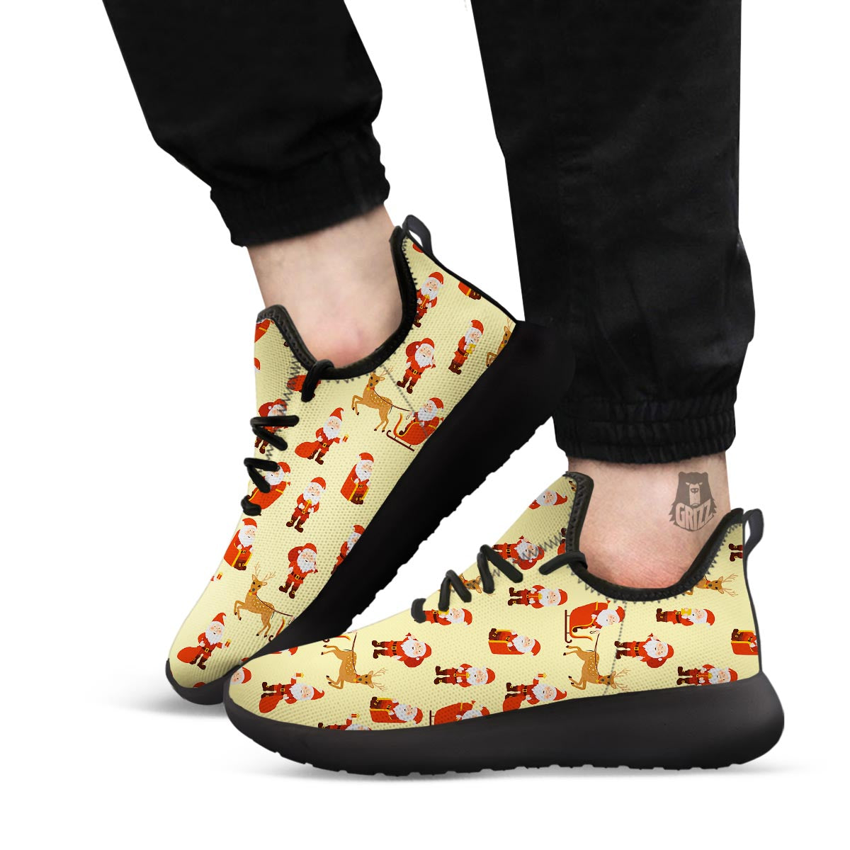 Deer Santa Claus Print Pattern Black Athletic Shoes-grizzshop