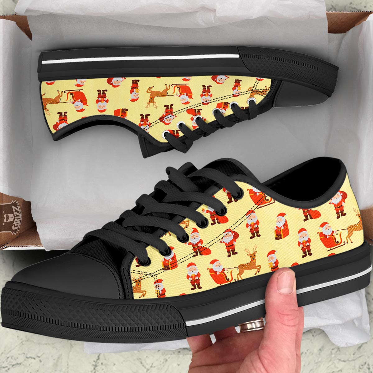 Deer Santa Claus Print Pattern Black Low Top Shoes-grizzshop