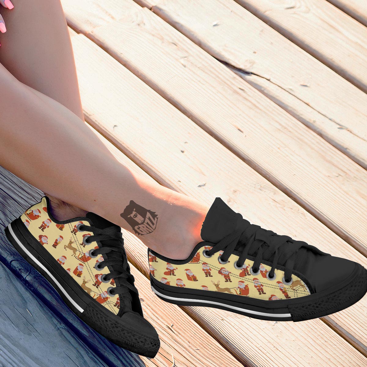 Deer Santa Claus Print Pattern Black Low Top Shoes-grizzshop