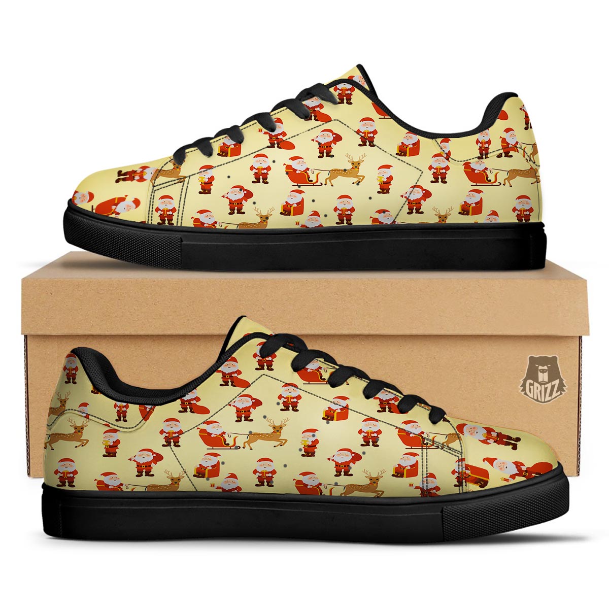 Deer Santa Claus Print Pattern Black Low Top Sneakers-grizzshop