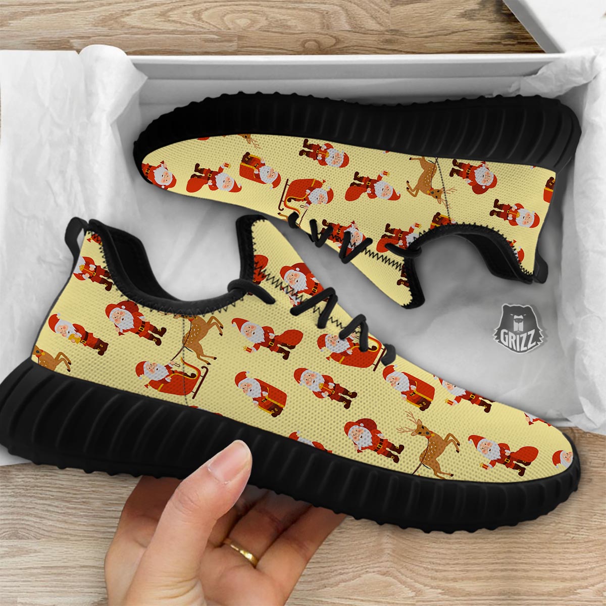 Deer Santa Claus Print Pattern Black Walking Shoes-grizzshop