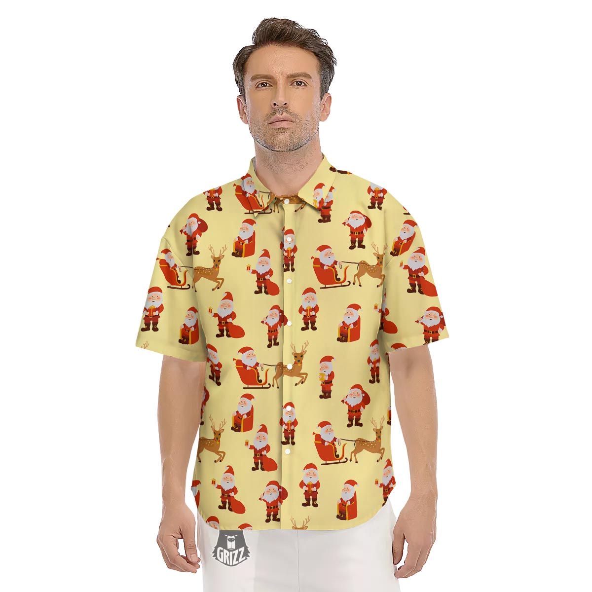 Deer Santa Claus Print Pattern Men's Short Sleeve Shirts-grizzshop