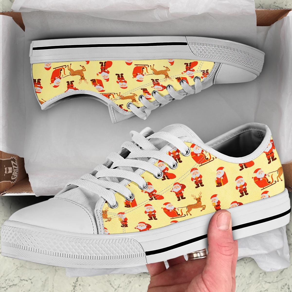 Deer Santa Claus Print Pattern White Low Top Shoes-grizzshop