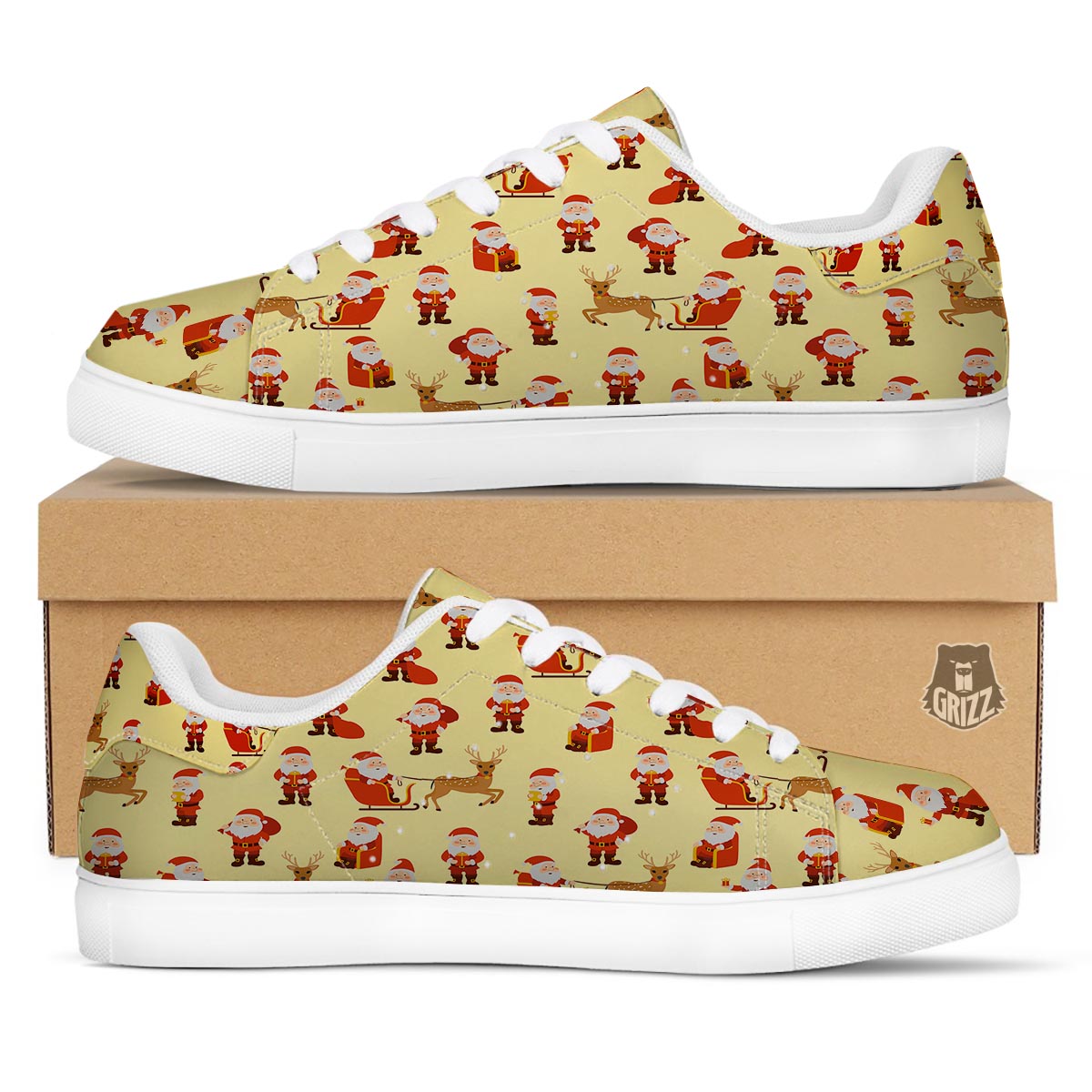 Deer Santa Claus Print Pattern White Low Top Sneakers-grizzshop