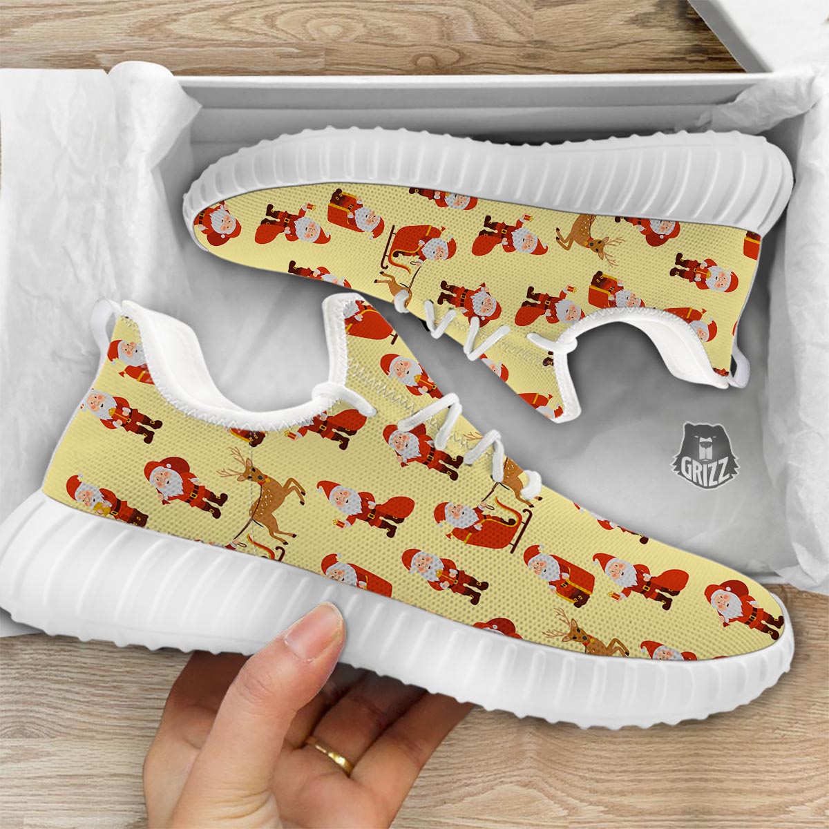 Deer Santa Claus Print Pattern White Walking Shoes-grizzshop