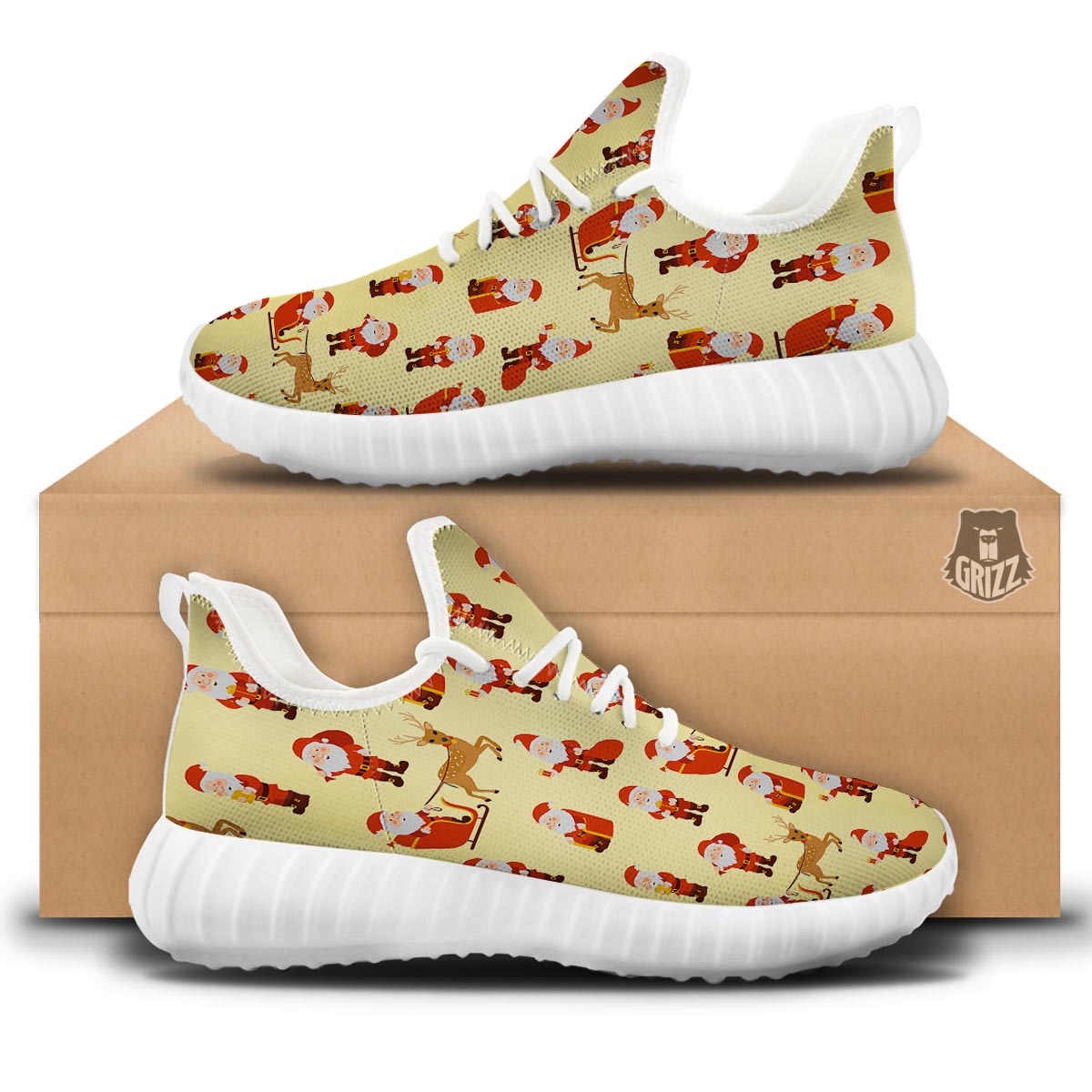 Deer Santa Claus Print Pattern White Walking Shoes-grizzshop
