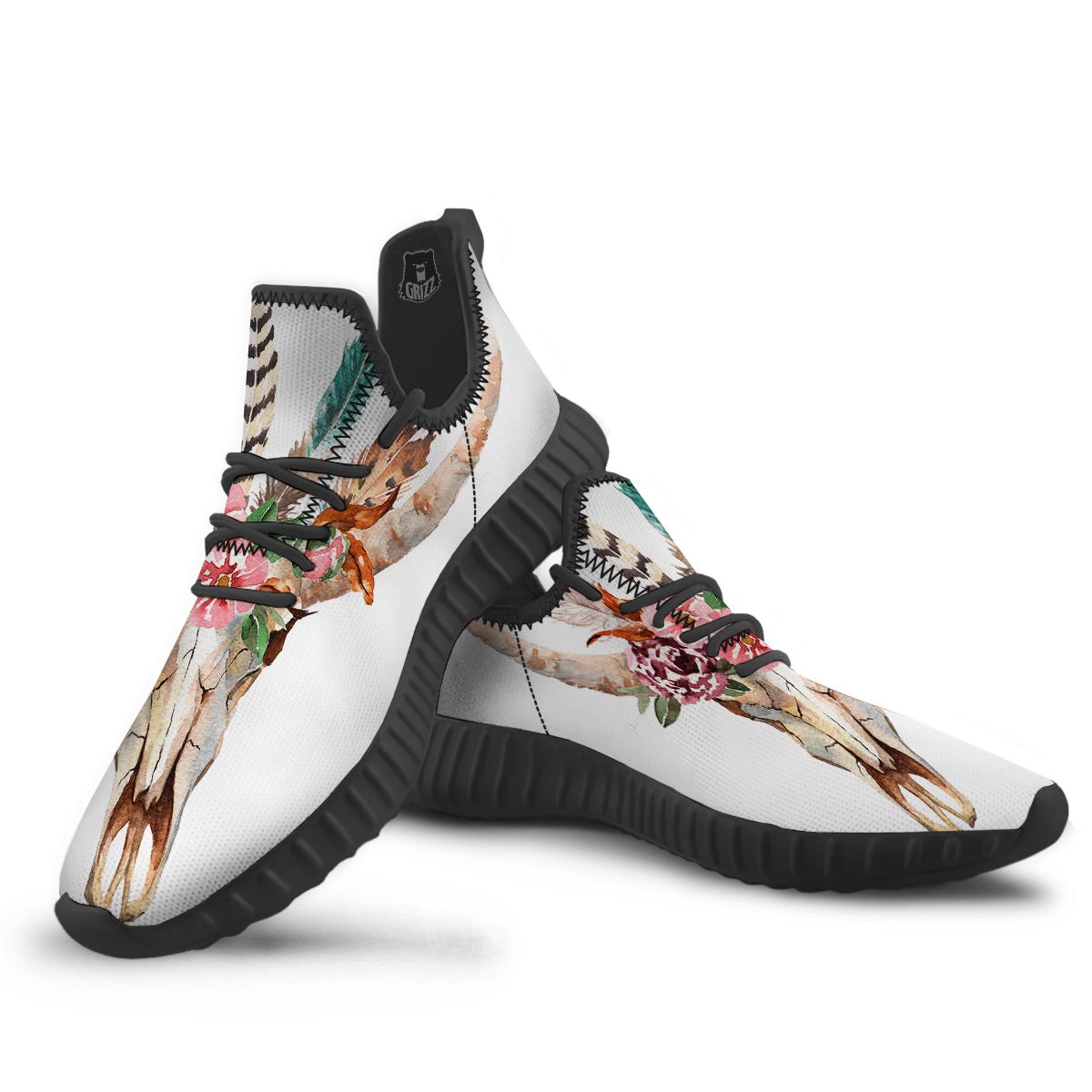 Deer Skull Boho Floral Print Black Walking Shoes-grizzshop