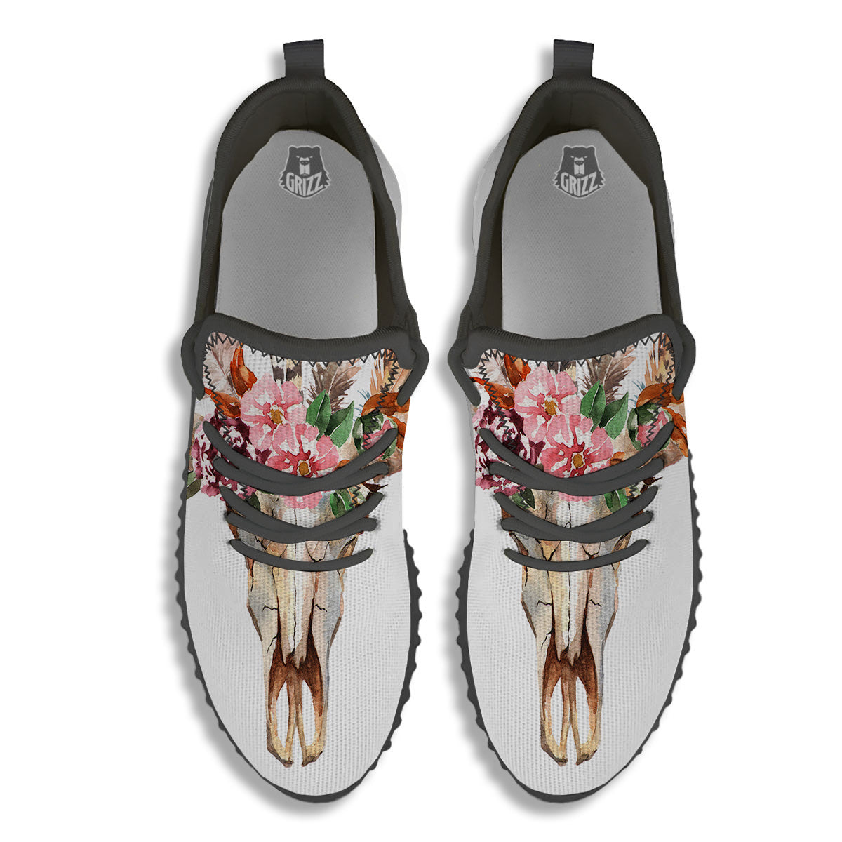 Deer Skull Boho Floral Print Black Walking Shoes-grizzshop