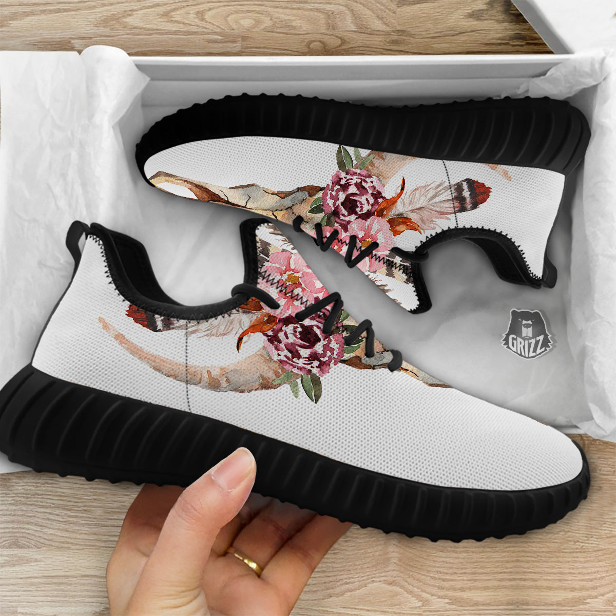 Deer Skull Boho Floral Print Black Walking Shoes-grizzshop