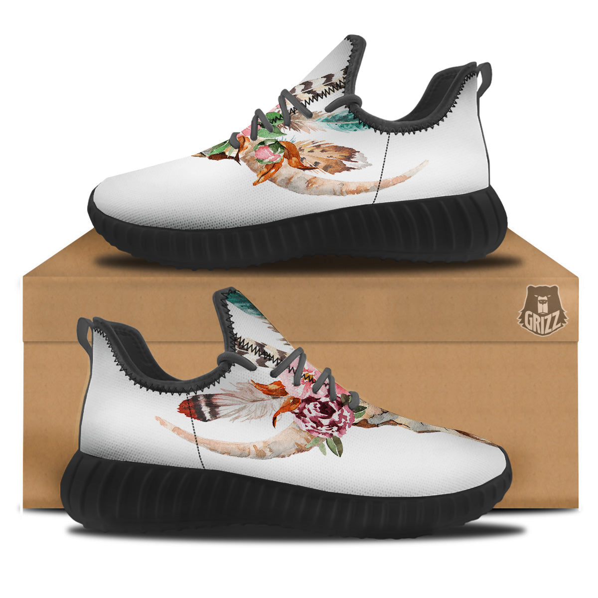 Deer Skull Boho Floral Print Black Walking Shoes-grizzshop