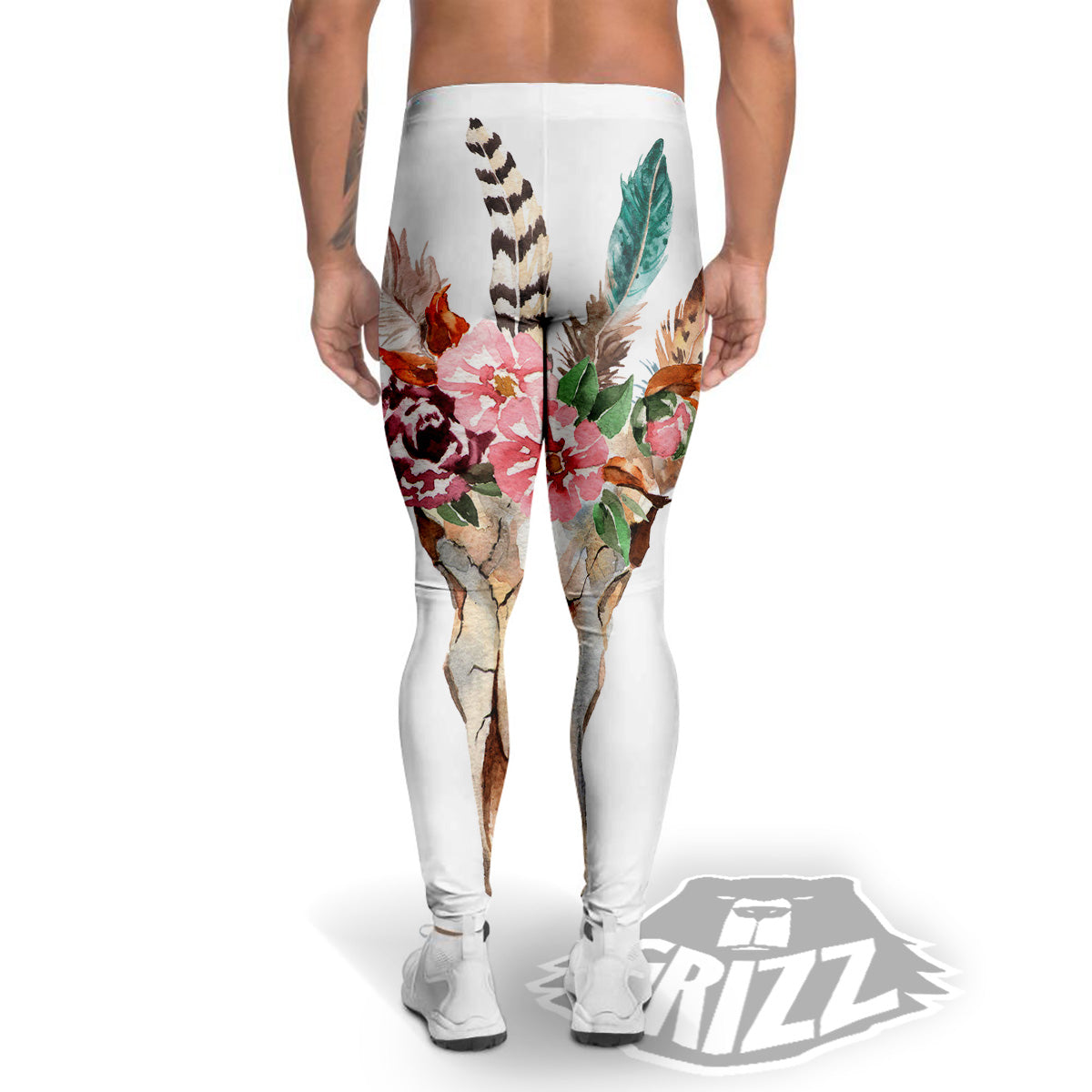 Deer Skull Boho Floral Print Men's Leggings-grizzshop
