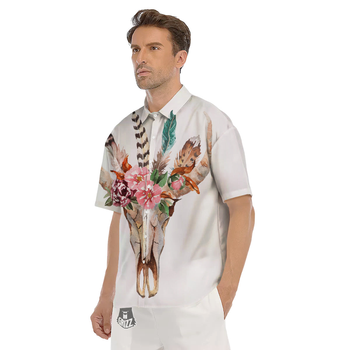 Deer Skull Boho Floral Print Men's Short Sleeve Shirts-grizzshop